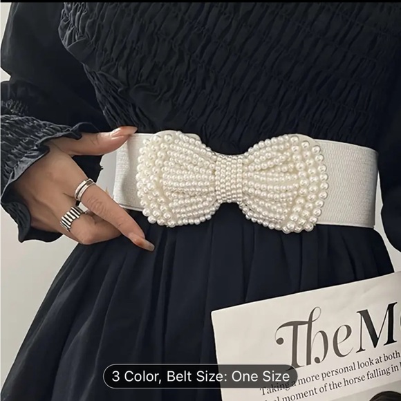 An elegant solid colored elastic waistband with a wide imitation pearl bow - Picture 4 of 10